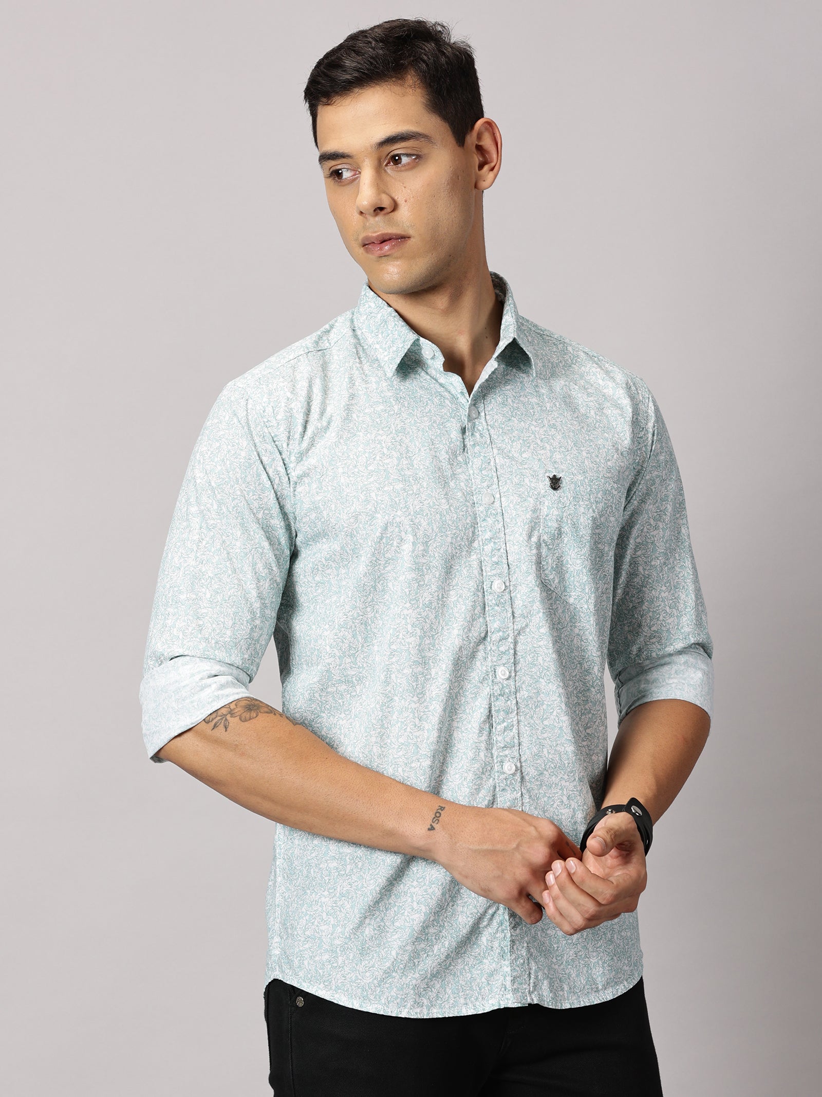 Men's Light Green Floral Casual Shirt - Pure Premium Cotton Satin Finish