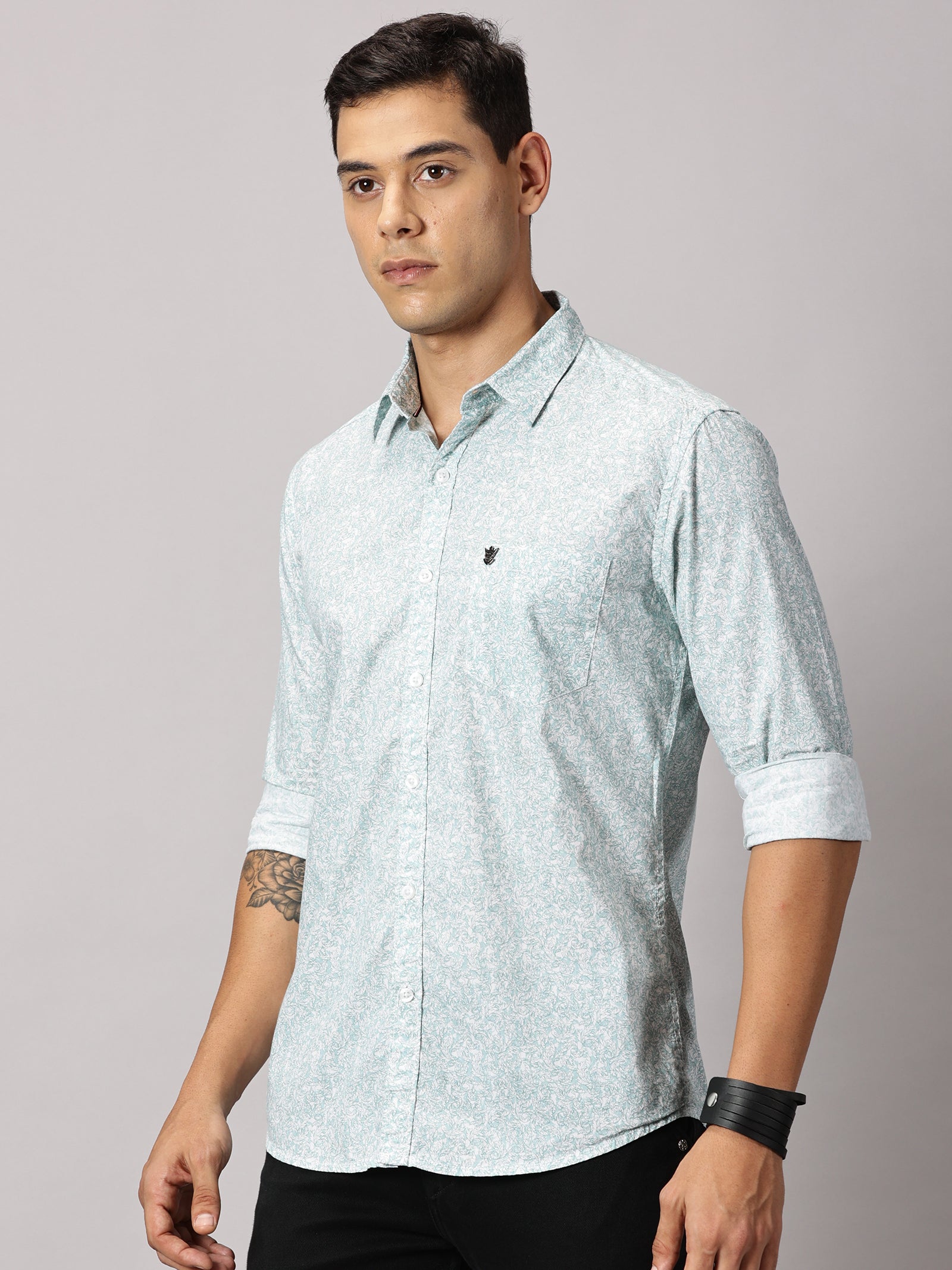 Men's Light Green Floral Casual Shirt - Pure Premium Cotton Satin Finish