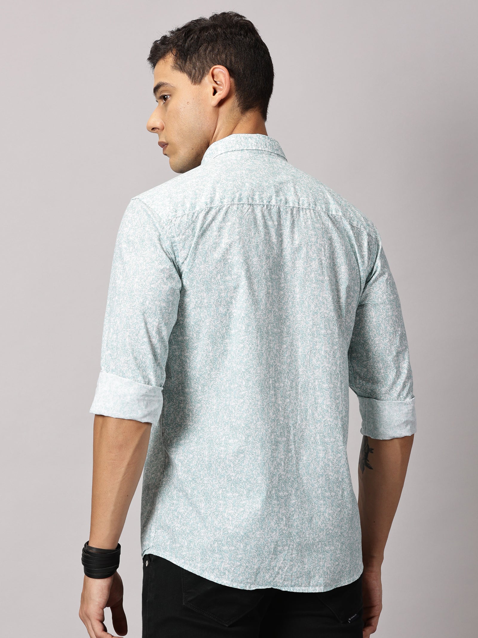 Men's Light Green Floral Casual Shirt - Pure Premium Cotton Satin Finish