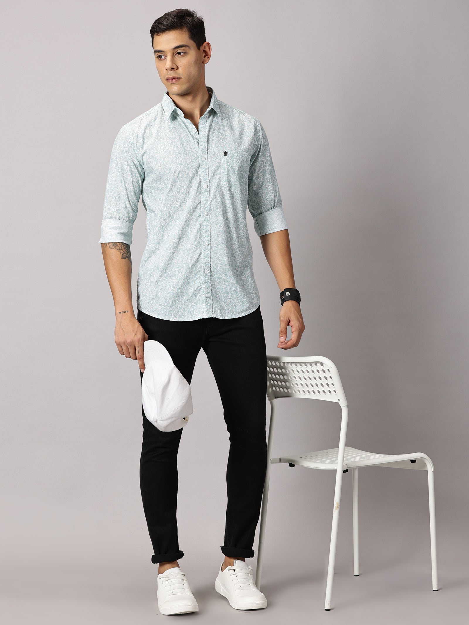 Men's Light Green Floral Casual Shirt - Pure Premium Cotton Satin Finish