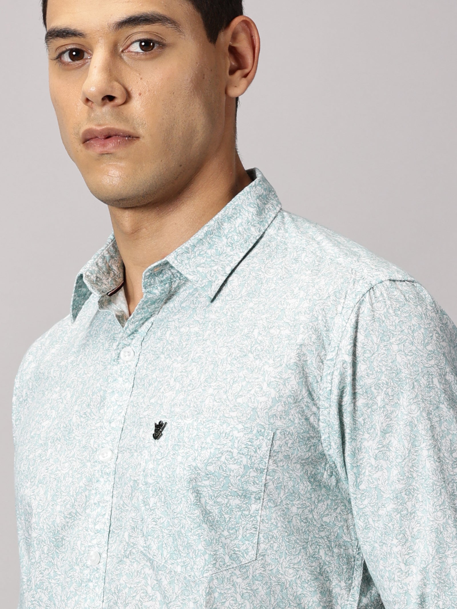 Men's Light Green Floral Casual Shirt - Pure Premium Cotton Satin Finish